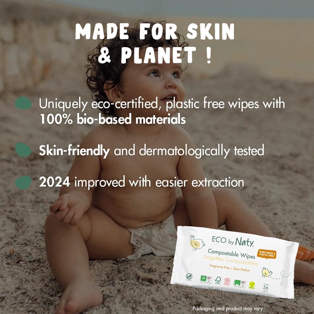 Eco by Naty Baby Wipes Unscented - 100% Compostable and Plant-Based Wipes, Good for Babies and Newborn Sensitive Skin (672 Count - 12 packs of 56)