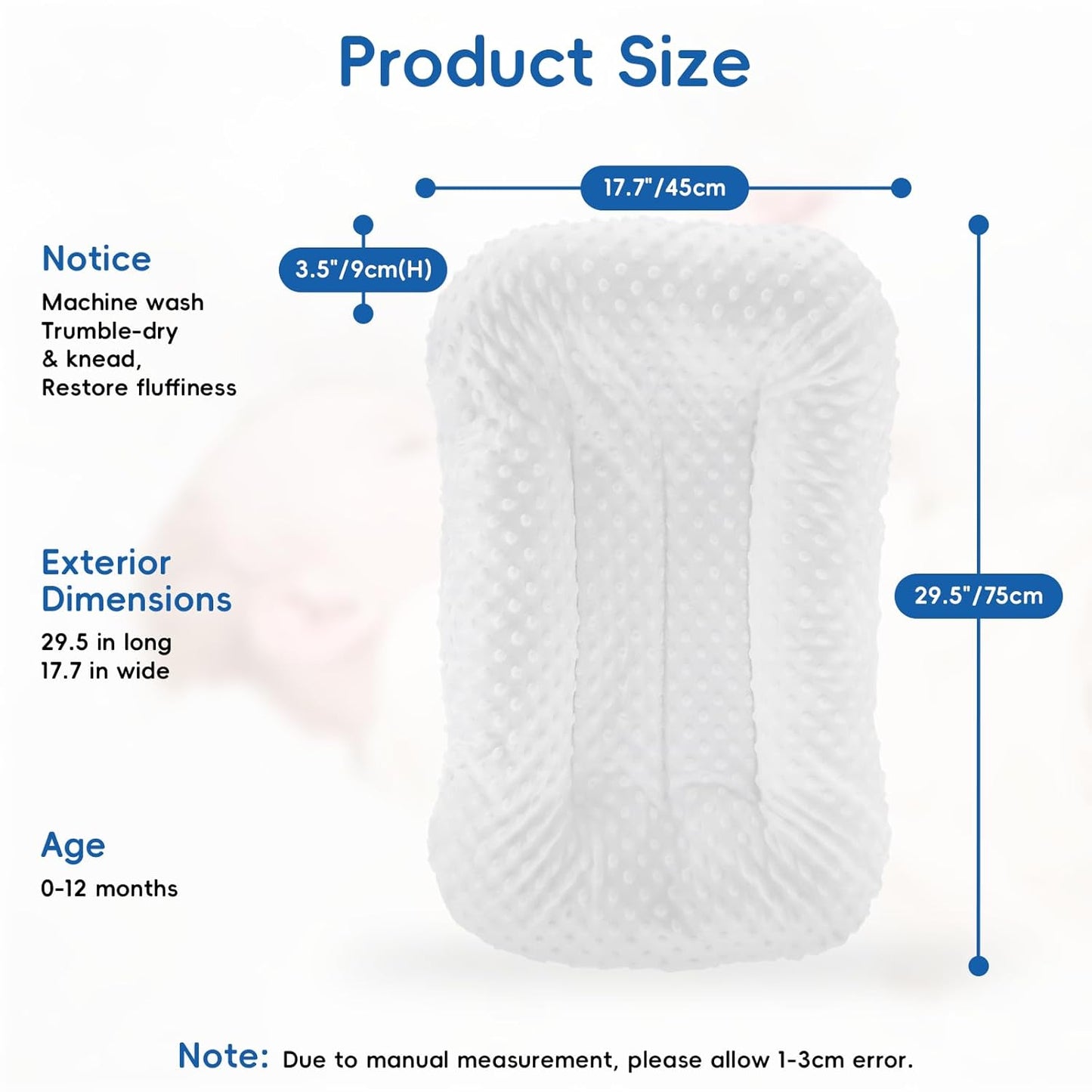 Baby Lounger for Newborn Flat Cover,Baby Nest Cover Tummy Time Mat Breathable & Soft,0° Angle Babies Essentials Gifts Newborn Lounger for Boys & Girls 0-12 Months(White Bean)