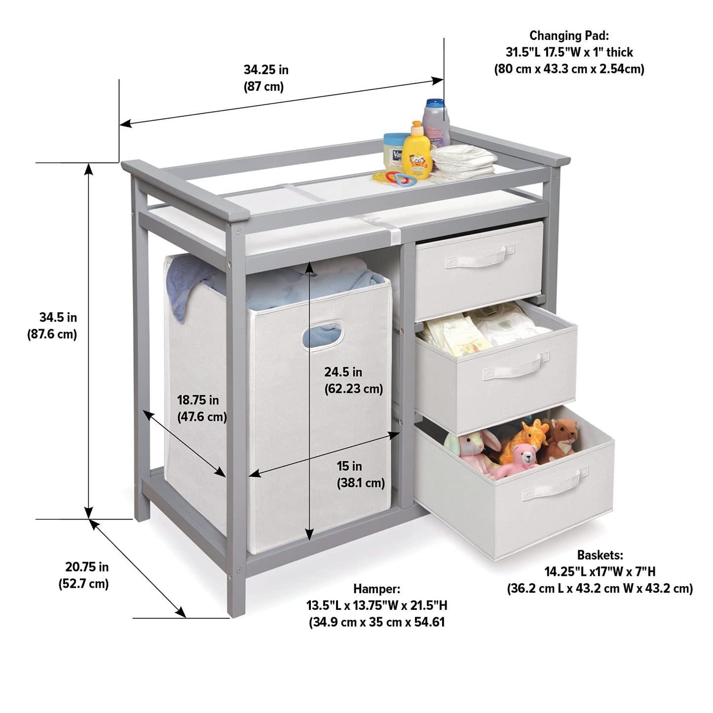 Badger Basket Modern Baby Changing Table - Portable Diaper Station with 3 Drawers Pad & Hamper - Storage Organizer for Baby Diapers & Toys - Gray/White
