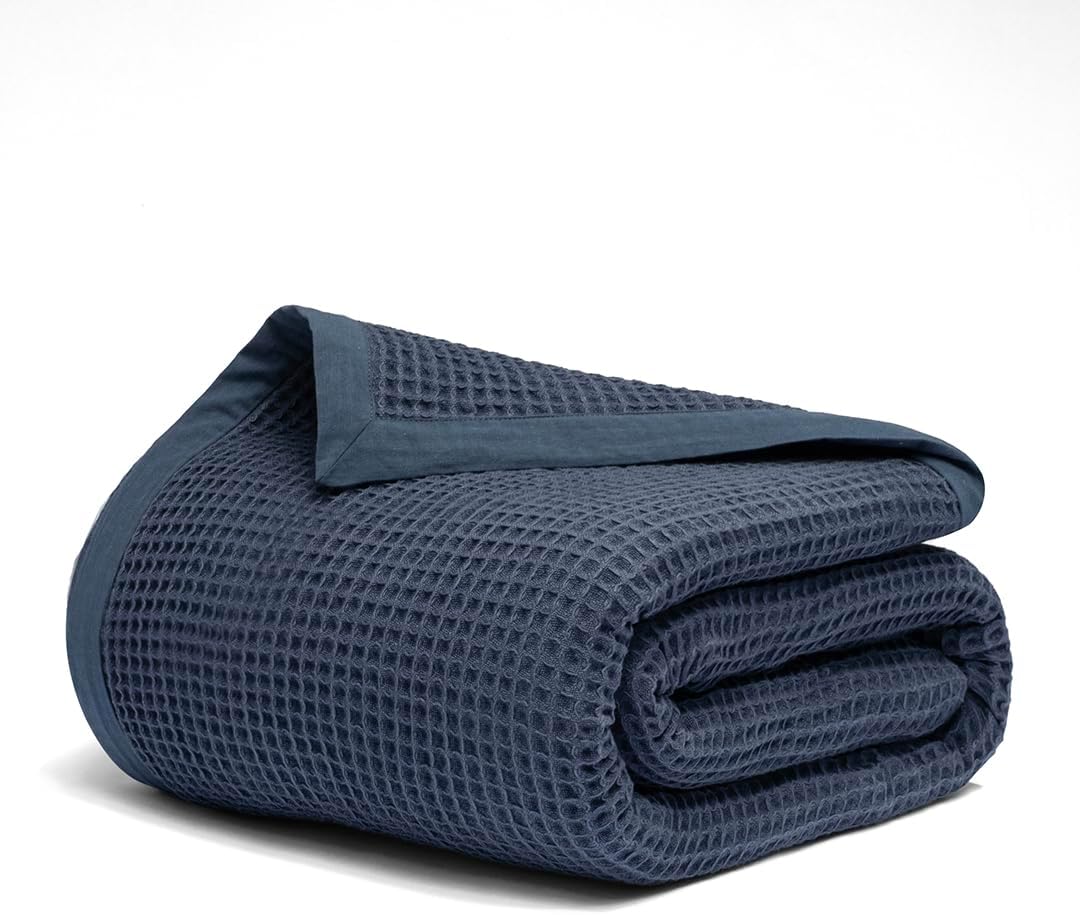 Salt Earth GOTS Certified 100% Organic Cotton Throw Blanket, 90" X 90" Waffle Blankets & Throws for Bed, Throw Blanket for Couch, Modern & Cozy Blanket, All Seasons Waffle Blanket, Soft Blanket(Navy)