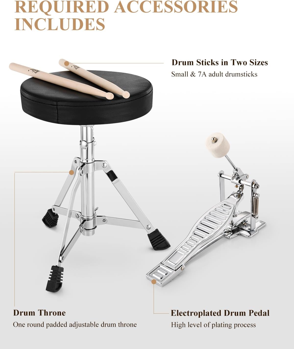Eastar Drum Set 14'' for Kids Beginners,3 Piece with Bass Tom Snare Drum,Adjustable Throne, Cymbal, Pedal & Two Pairs of Drumsticks, Metallic All Black