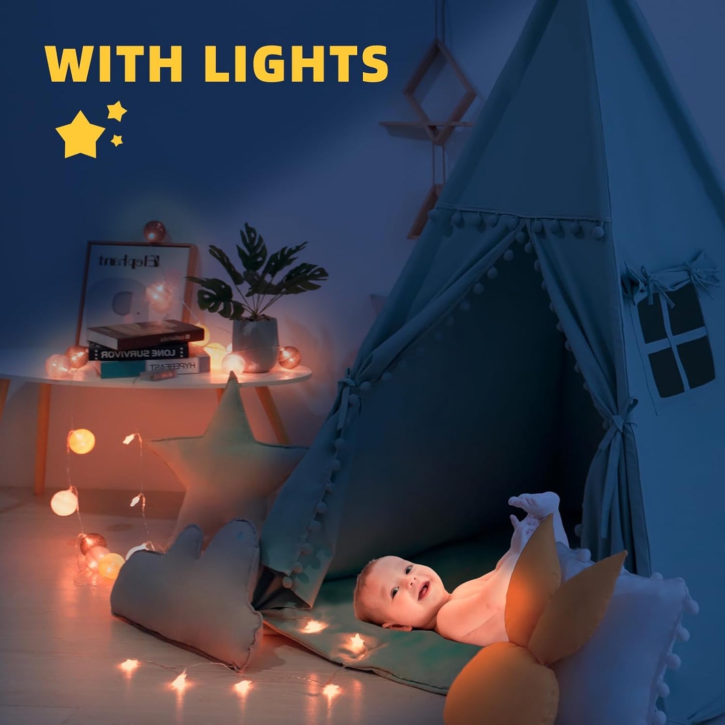 Teepee Tent for Kids with Mat, Star Lights, Carry Case, Cotton Canvas Playhouse, Foldable Tents, Portable Children Play Tent Indoor Outdoor (Jewelry Blue)
