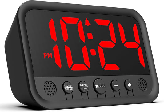 Small LED Digital Clock for Bedroom, Loud Alarm Clock for Heavy Sleepers Adults, Teens | Plug-In Electric Desk Clock | Simple Bedside Nightstand Clock with Adjustable Volume/Brightness/Snooze – Red