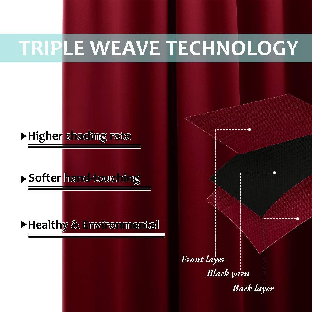 NICETOWN 100% Blackout Panels, Thermal Insulated Black Liner Curtains for Kitchen Room, Cold Blocking Drapes for Window Decoration (Set of 2, Burgundy Red, 42-inch Wide by 63-inch Long)
