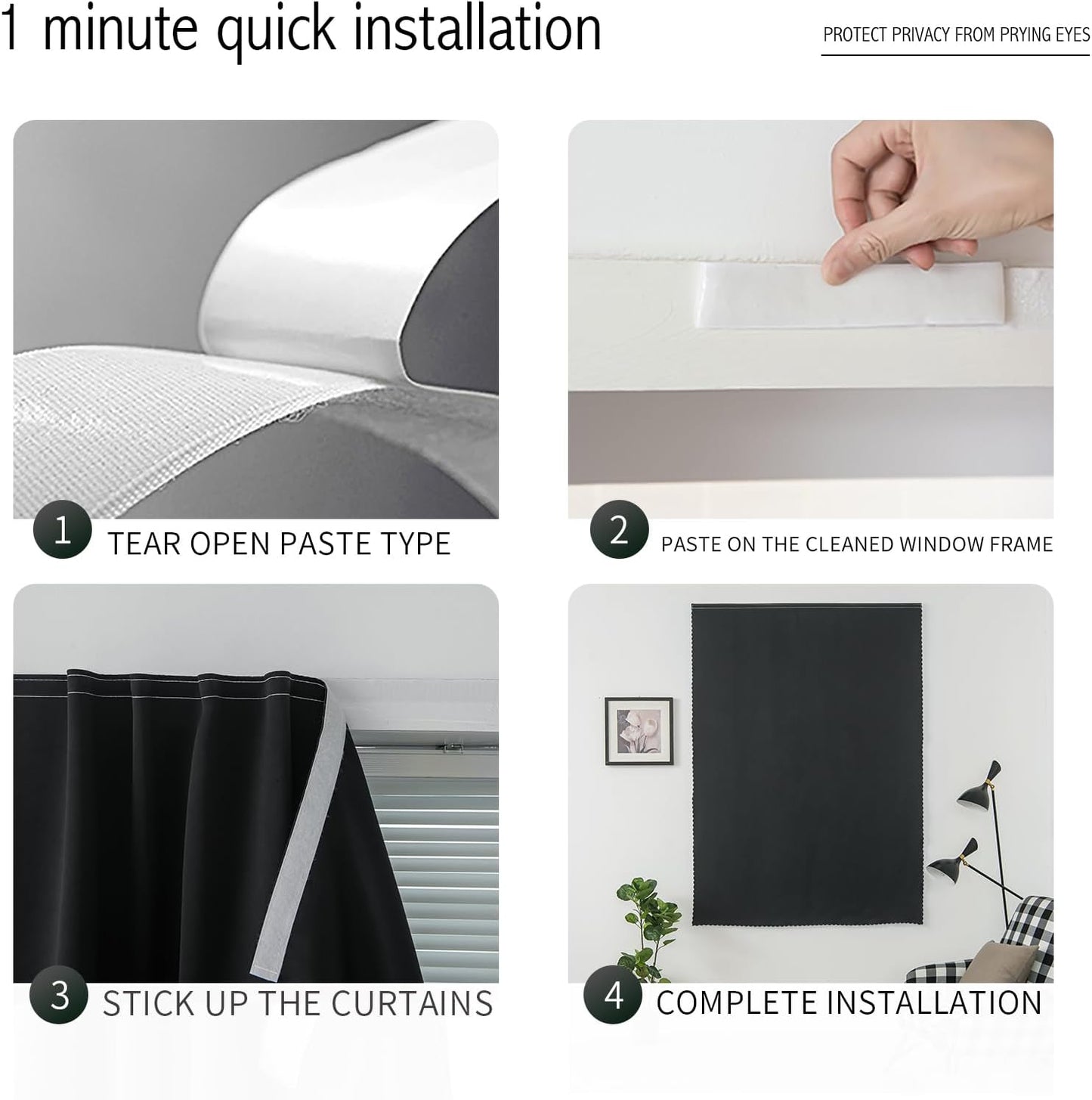Adhesive Blackout Curtains- Self Stick Shades Window Blinds Curtains No Rod Needed Easy to Hang Curtains, Use for Bedroom, Living Room, Dining Room, Kitchen, Home Office, 59"W X 71"L, Black, 1 Panel
