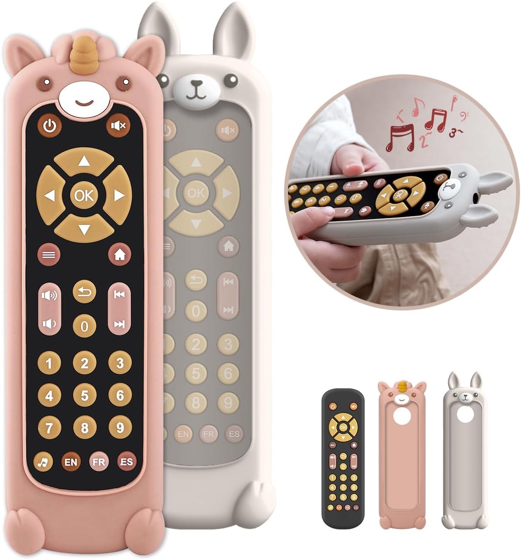 Nueplay Baby TV Remote Control Toy with Silicone Teether Cover, Toddler Realistic Controller, Early Number Learning in 3 Languages (English, Spanish & French), Preschool Girls Toys 6, 12, 18 Months