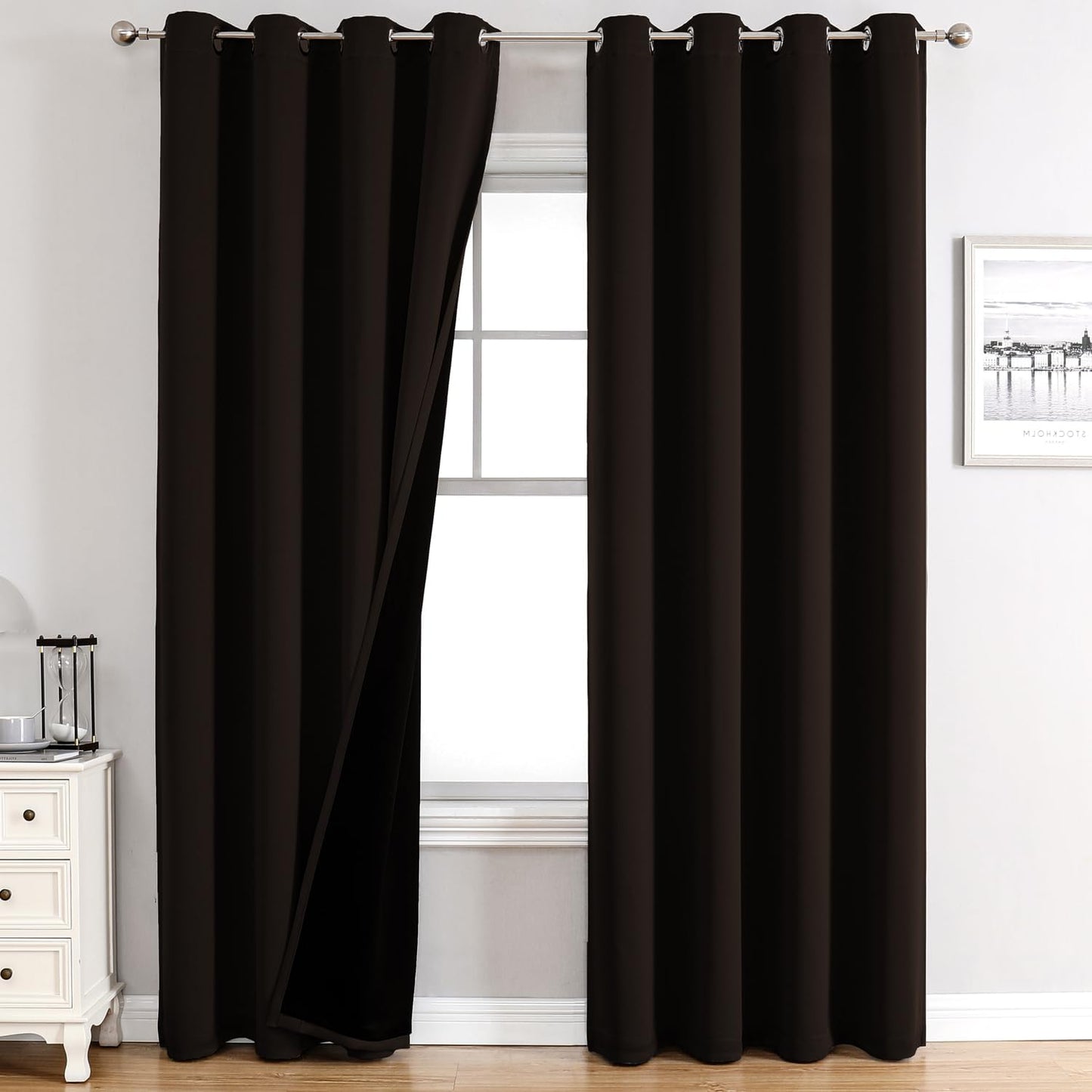 ChrisDowa 100% Blackout Curtains 108 inch Long for Bedroom with Black Liner, 2 Thick Layers Total Blackout Thermal Insulated Grommet Window Curtains 2 Panels Set (Brown, 52 x 108 Inch)