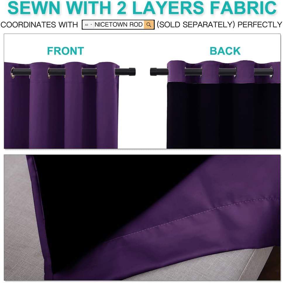 NICETOWN 100% Blackout Curtain Panels, Thermal Insulated Black Liner Curtains for Kitchen, Noise Reducing and Cold Blocking Drapes for Windows (Set of 2, Royal Purple, 52-inch Wide by 63-inch Long)