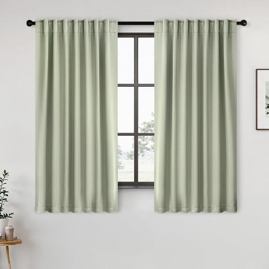 ANRODUO Back Tab Blackout Curtains for Bedroom Living Room, Rod Pocket Pinch Pleated Thermal Insulated Room Darkening Curtains 36 Inches Long 2 Panels, Sage Green, 42 x 36 Inch