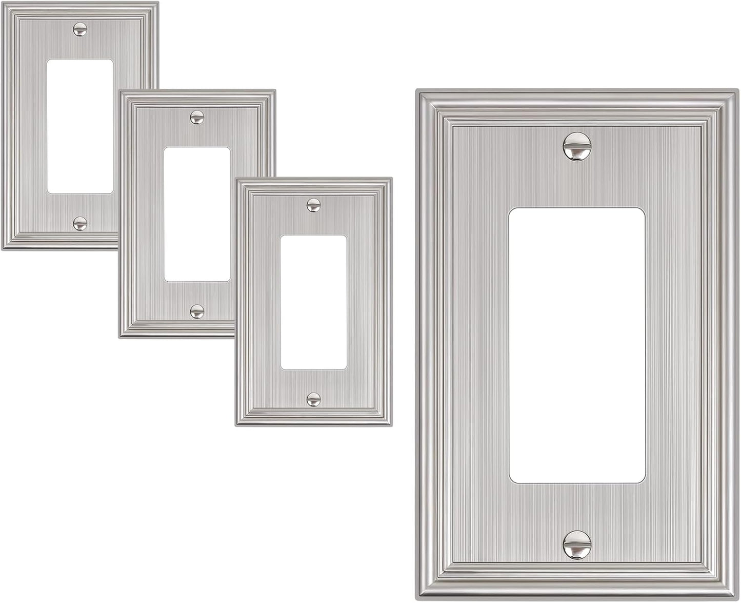 4-Pack Decorator Outlet Cover Plate, Brushed Nickel Decorative Switch Plates and Outlet Covers, Durable Zinc Alloy Wall Plates for Electrical Outlets, Receptacle, GFCI Outlet, Dimmer Switch