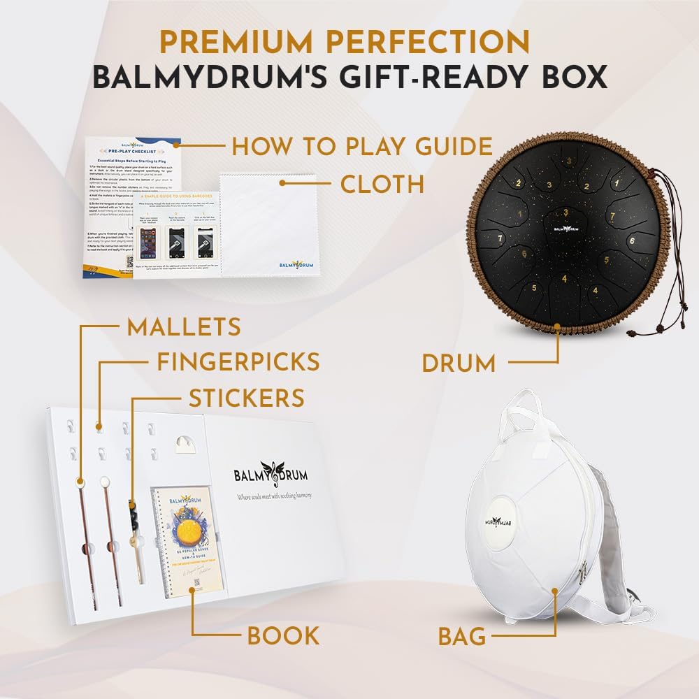 The Balmy Drum - 15 Note 14 Inch Steel Tongue Drum, Steel Drum Instrument, Drums For Children and Adults, Balmy Drum Set for Kids with Music Book, Handpan, Mallet and Carry Bag (Black)