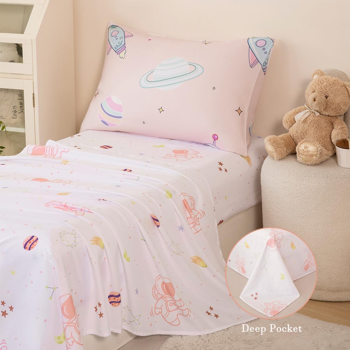 PERFEMET 4 Piece Toddler Girl Bedding Set Space Theme Pink Toddler Bed Set with Sheets Soft Reversible Astronaut Planets Crib Bed Comforter for Kids Girls