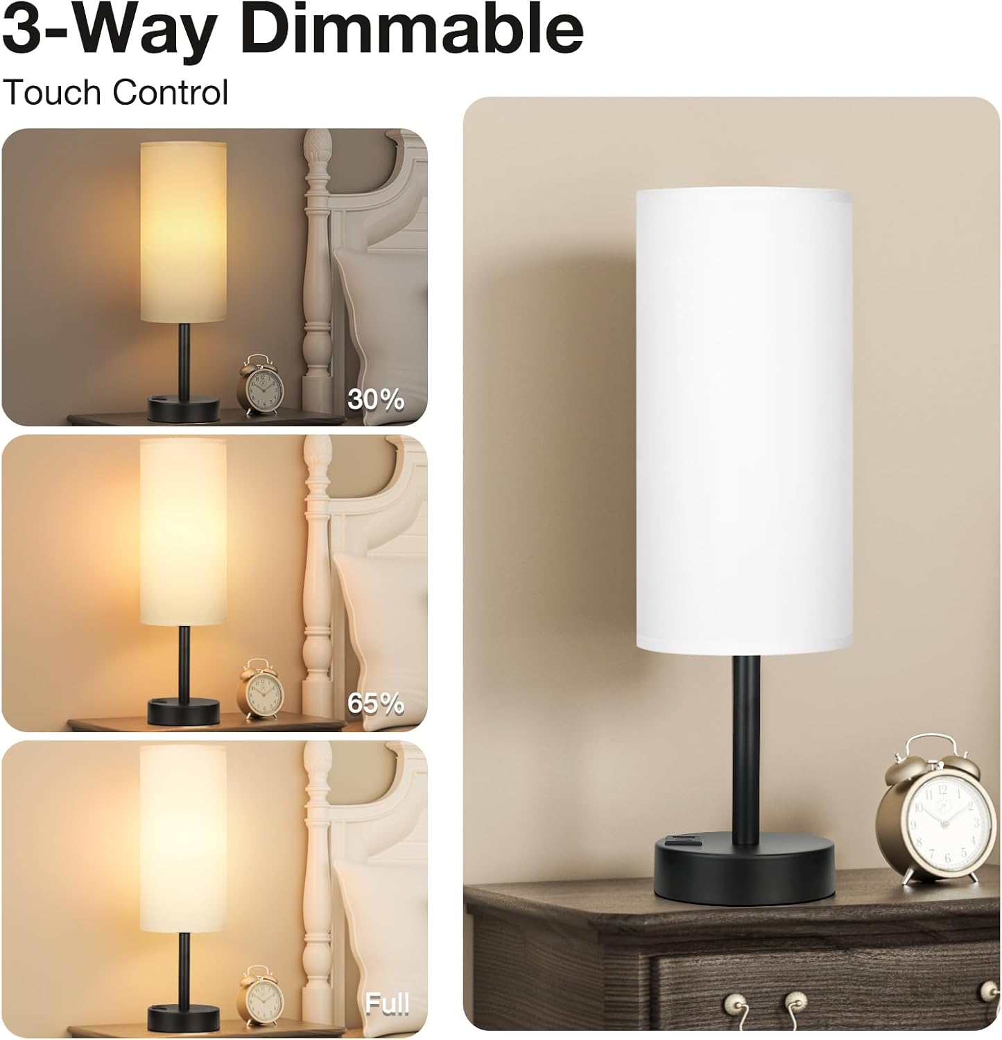 Bedside Touch Table Lamps for Bedroom Nightstand with USB-C USB-A Charging Ports White, 3 Way Dimmable Small Lamp Fabric Shade Black Base for Office, Living Room, Dorm Room Reading