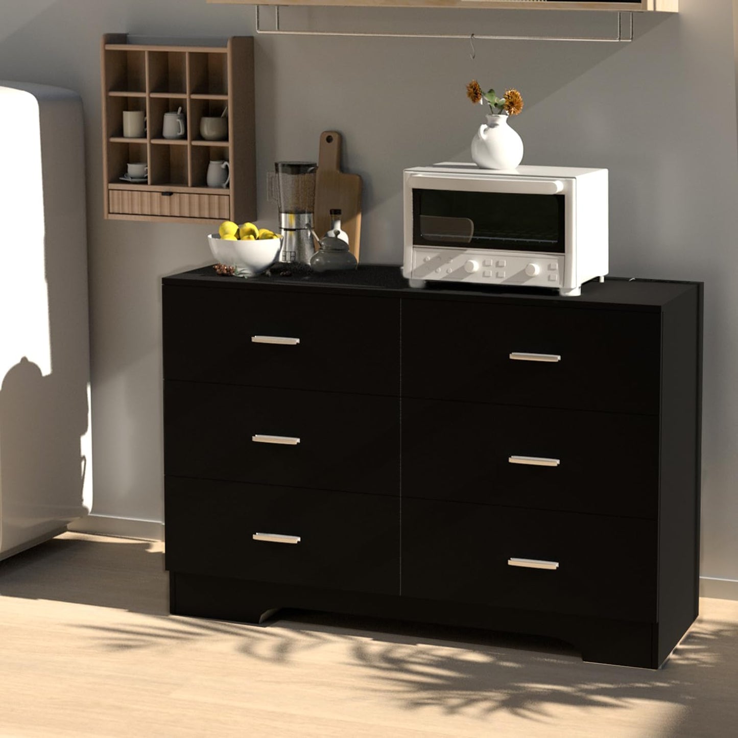 Dresser with Power Outlets Wooden 6 Drawer Dresser with USB and Type C Port Chest of Drawers for Bedroom Tall Black Organizer Storage for Living Room Hallway Closet