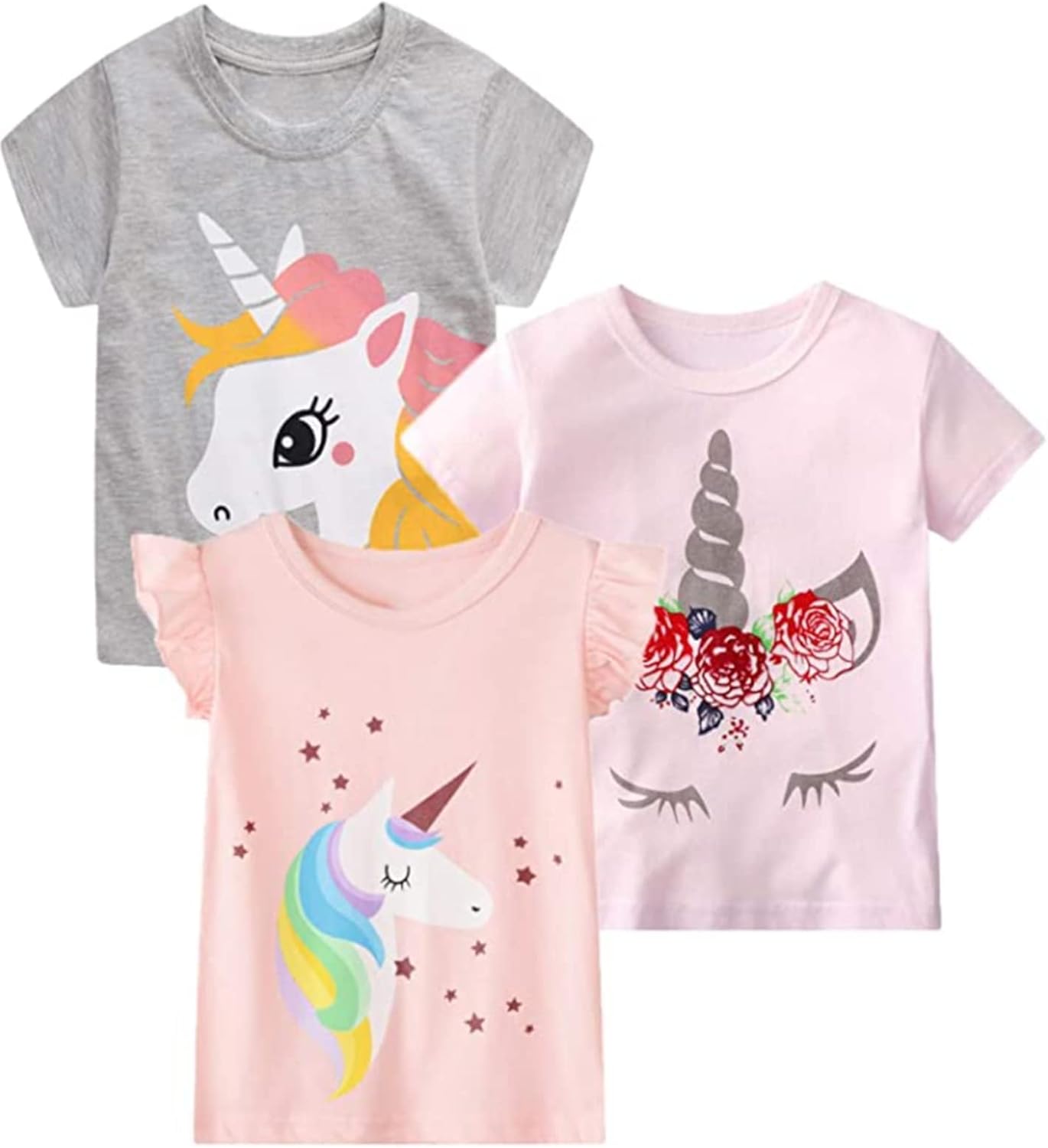 HILEELANG Girls' Tees Ruffle Short Sleeve T-Shirt Cotton Casual Graphic Summer Crewneck Tunic Tops