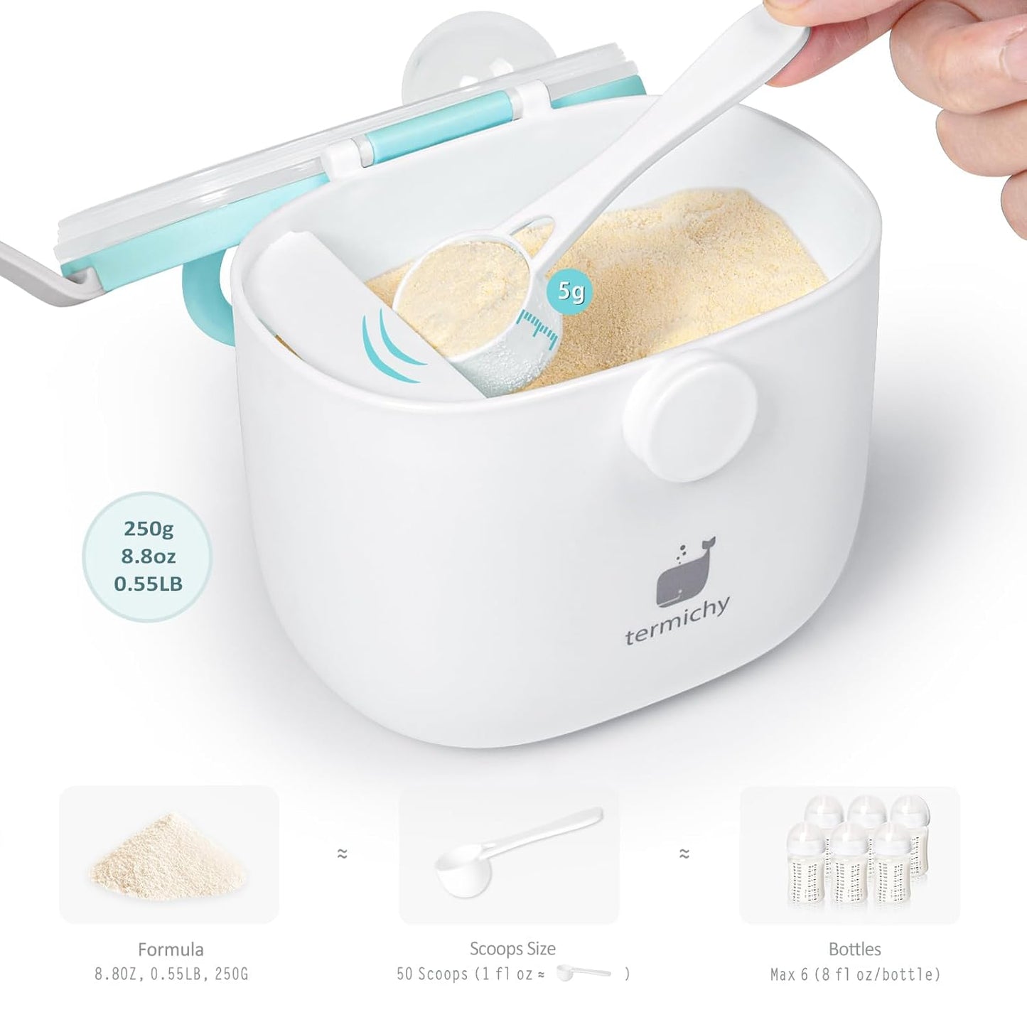 Termichy Baby Formula Dispenser, Portable Milk Powder Dispenser Container with Carry Handle and Scoop for Travel Outdoor Activities with Baby Infant, 8.8OZ, 0.55LB, 250g, 500ml (Baby Blue)