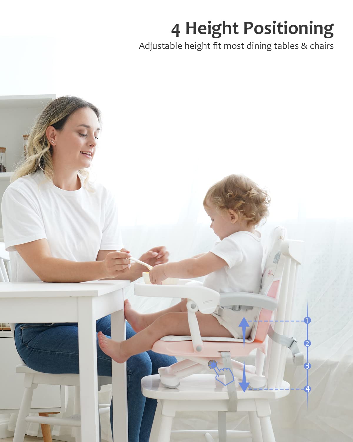 Baby Booster Seat for Dining Table with Removable Tray & Cushion, 3in1 Portable Toddler Booster Seat, 4 Height Adjustable Travel High Chair for Babies and Toddlers