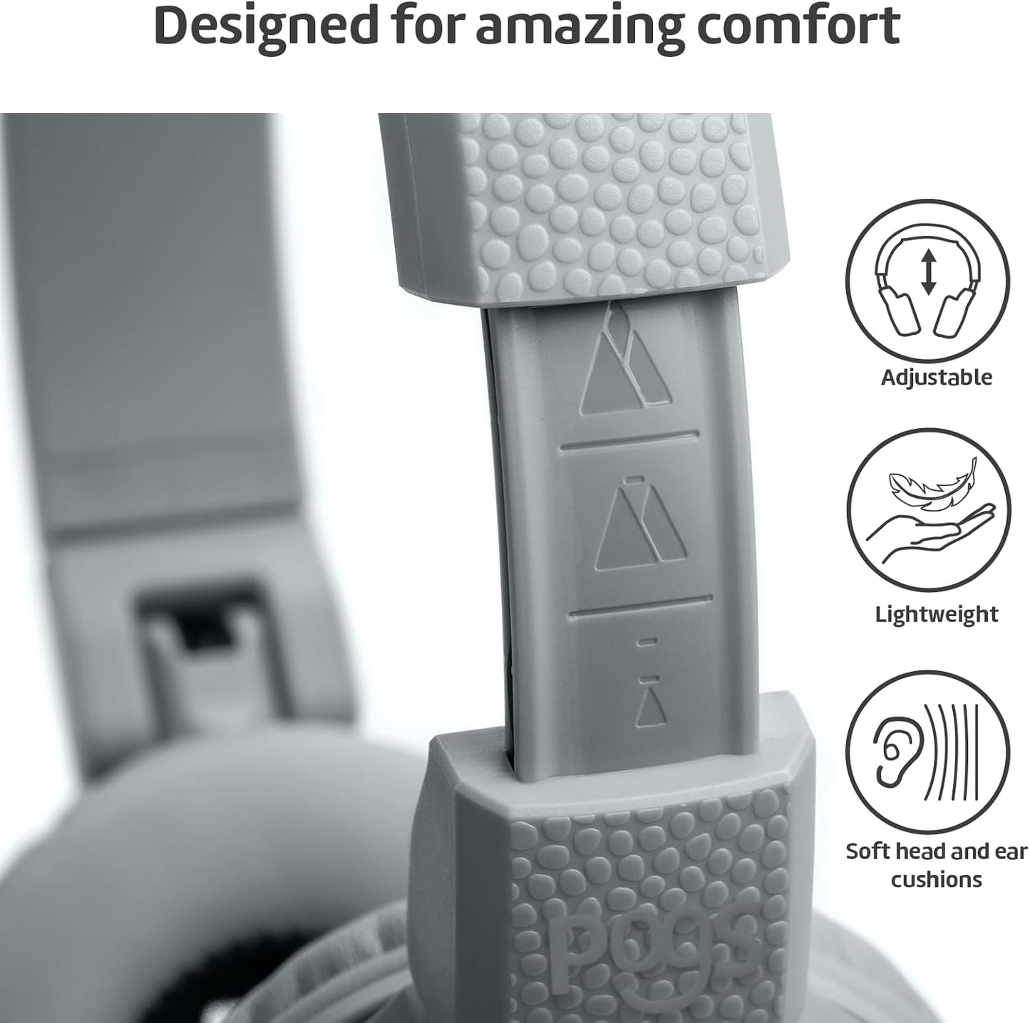 POGS Kids Bluetooth Wireless Headphones | The Gecko 2 | Foldable, Durable Headphones for Kids 3+ | Volume Limited 85 dB, Microphone | On-Ear | Wireless Music-Sharing Function (rGrey)
