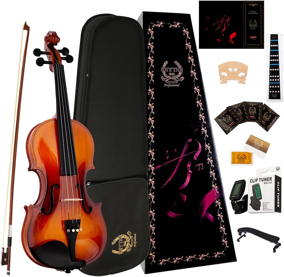 Rhythm Violin Set for Beginners,Acoustic Violins Starter Kit Package for Student,Beginners Fiddle with Hard Case, Rosin, Shoulder Rest, Bow, and Extra Strings (NATURAL, 3/4)