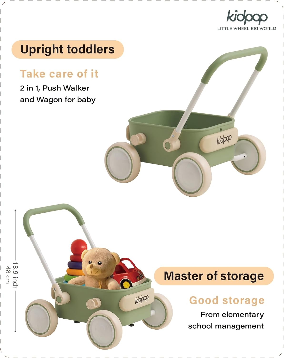 PULA Baby Push Walker with Wheels Toddler Wagon for First Learner Baby Toys 6-12 Months, 1 Year Old Birthday Gifts, Indoors and Outdoors (Green)