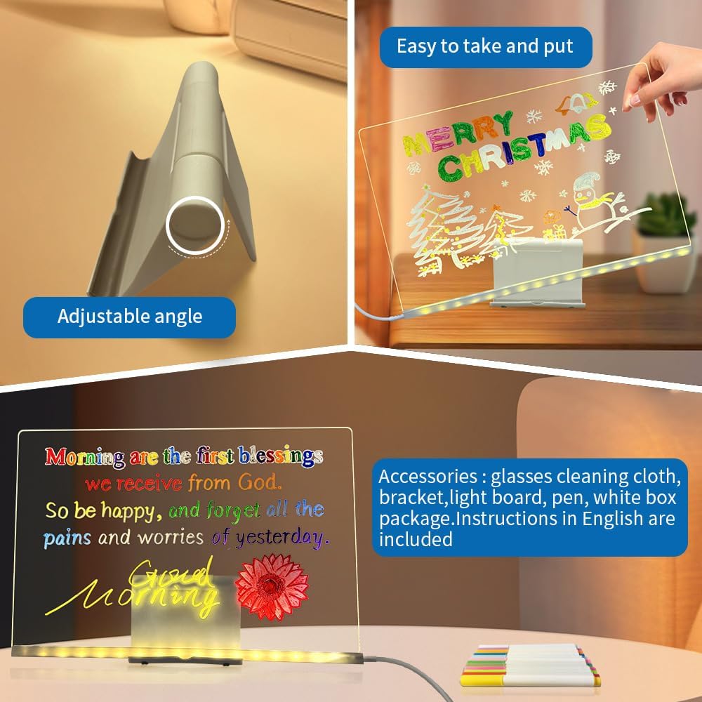 LED Note Board with Colors, 7 Colors Acrylic Message Board with Light, LED Drawing Board Gifts for Kids, Dry Erase Board with Adjustable Stand for Office School Home Decor (5.9 * 5.9 in)