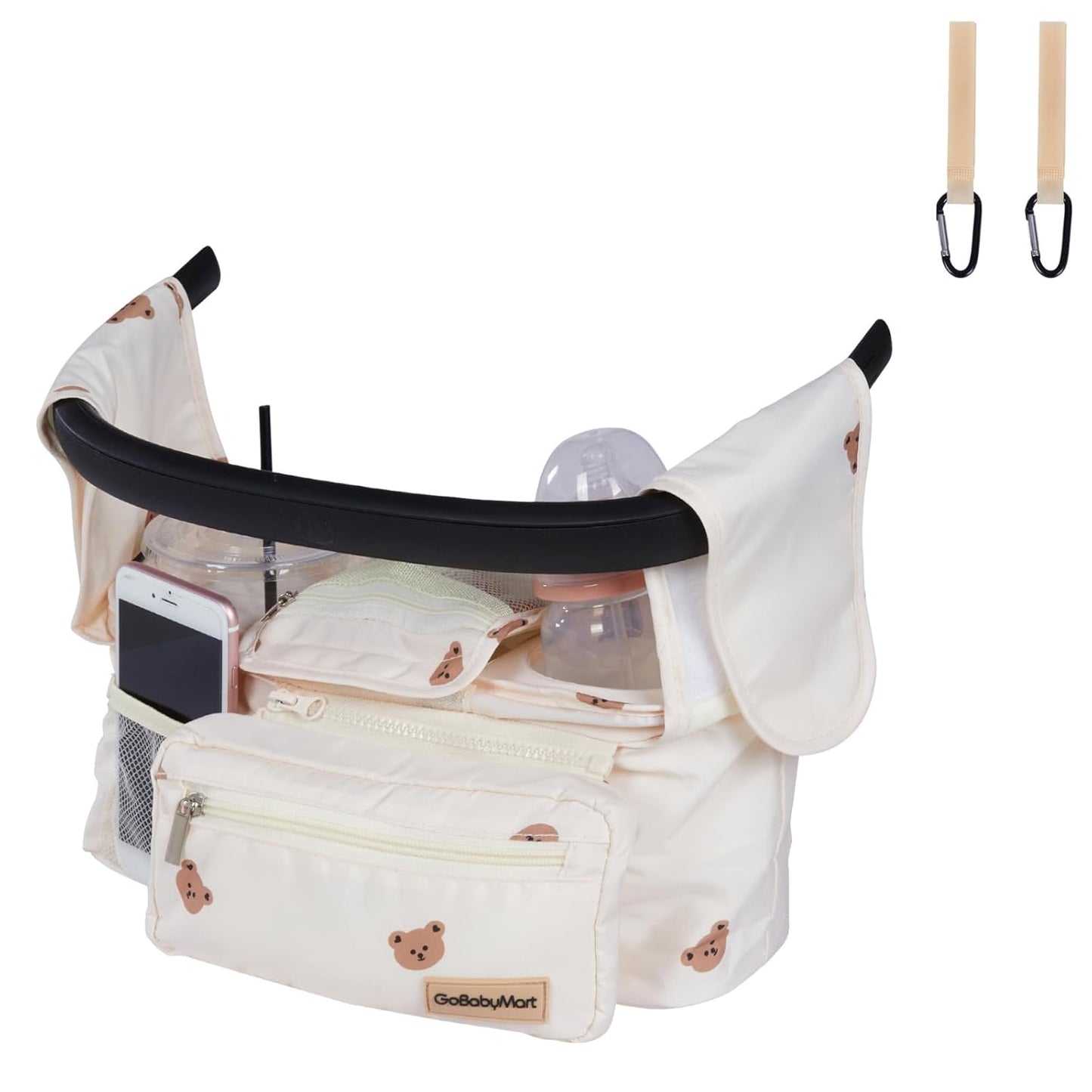 Universal Stroller Organizer with Cup Holders, Detachable Wristlet | Fits All Strollers | Stroller Diaper Bag Organizer with Phone Pocket, Insulated Bottle Holder & Storage Compartments