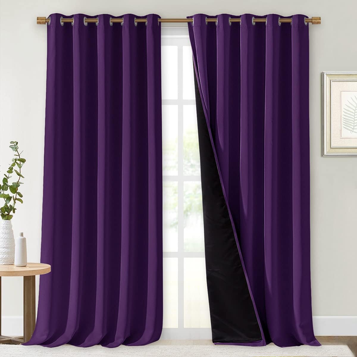 NICETOWN 100% Blackout Curtains with Black Liner Backing, Thermal Insulated Curtains for Living Room, Noise Reducing Drapes, Royal Purple, 70 inches Wide x 108 inches Long Per Panel, Set of 2