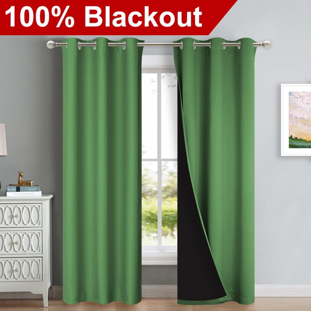 NICETOWN Forest Green Full Shade Curtain Panels, 37" Wide x 80" Long, Gray, Pair of Thermal Insulated & Energy Efficiency Blackout Drapes for Living Room, Lined Silky Performance Window Dressing