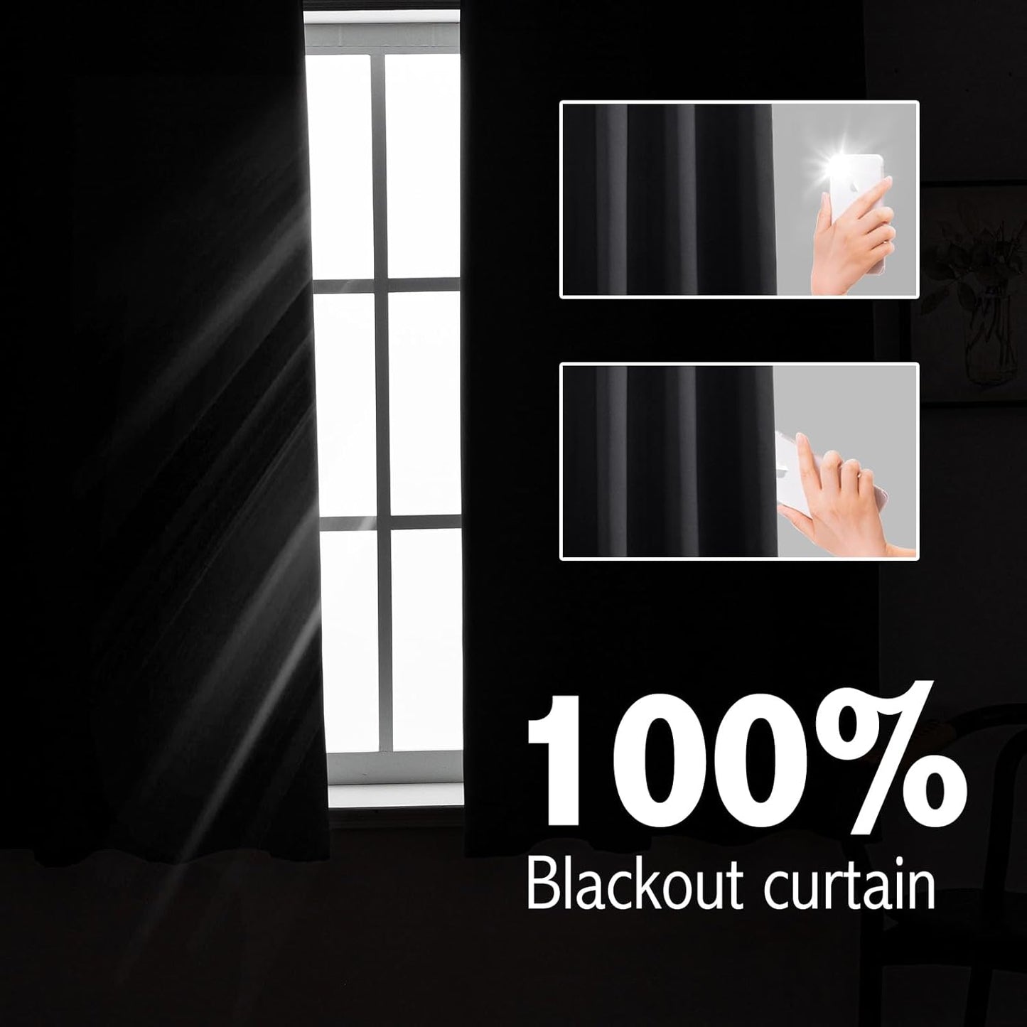 Anytime 100% Blackout Curtain Set, Thermal Insulated & Energy Efficiency Window Draperies for Guest Room, Full Shading Panels for Shift Worker and Light Sleepers（Black, 2 Panels, 42W x 54L）