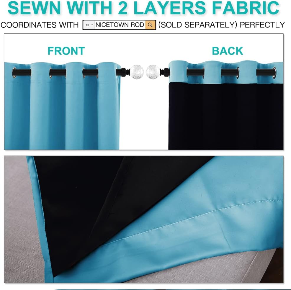 NICETOWN Insulated 100% Blackout Curtains, Noise Reducing Performance Drapes with Black Lining, Full Light Blocking Draperies for Overnight Shift Worker (Light Blue, 2 PCs, 52 inches x 95 inches)