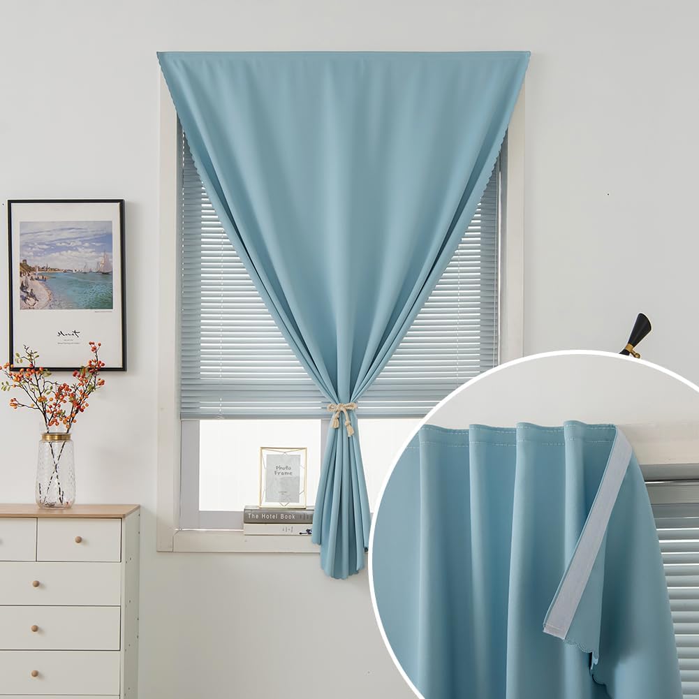 Self Adhesive Curtains, Black Out Shade for Window, Blackout Fabric Temporary Window Coverings Easy to Hang Curtains No Rod Needed, Use for Bedroom, Room, Kitchen, 47" W X 71" L, Lake Blue, 1 Panel