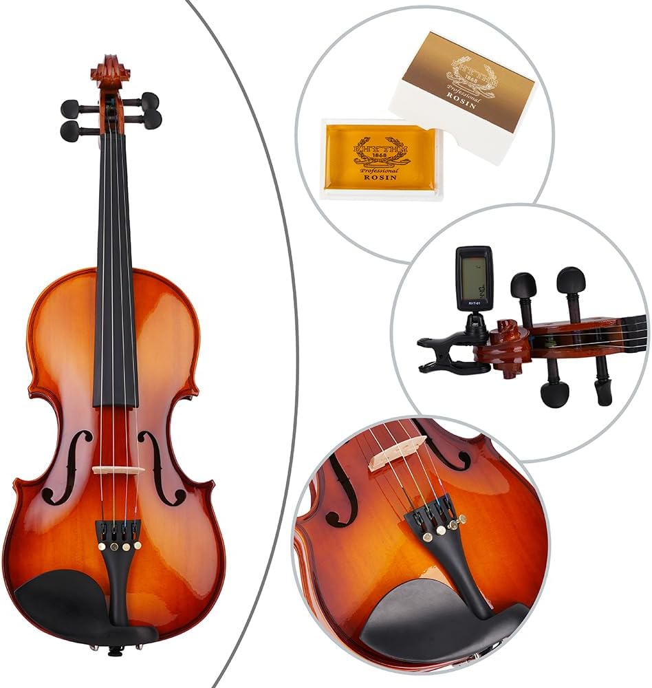 Rhythm Violin Set for Beginners,Acoustic Violins Starter Kit Package for Student,Beginners Fiddle with Hard Case, Rosin, Shoulder Rest, Bow, and Extra Strings (NATURAL, 1/2)