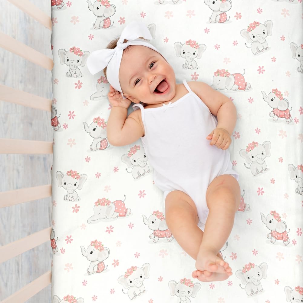 4 Pack Baby Girl Pack N Play Mini Crib Sheets Set Soft Fitted Elephant Theme Baby Girl Mattress Covers Breathable Toddler Bed Sheets for Infant or Newborn(Elephant, Pack N Play Mini Crib Sheets)