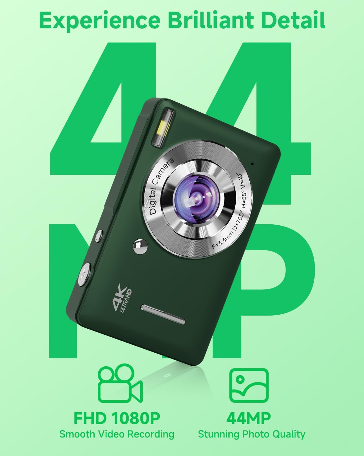Digital Camera, 44MP FHD 1080P, 16X Zoom, 32GB SD Card, Compact Camera for Kids Teens Adults, Green