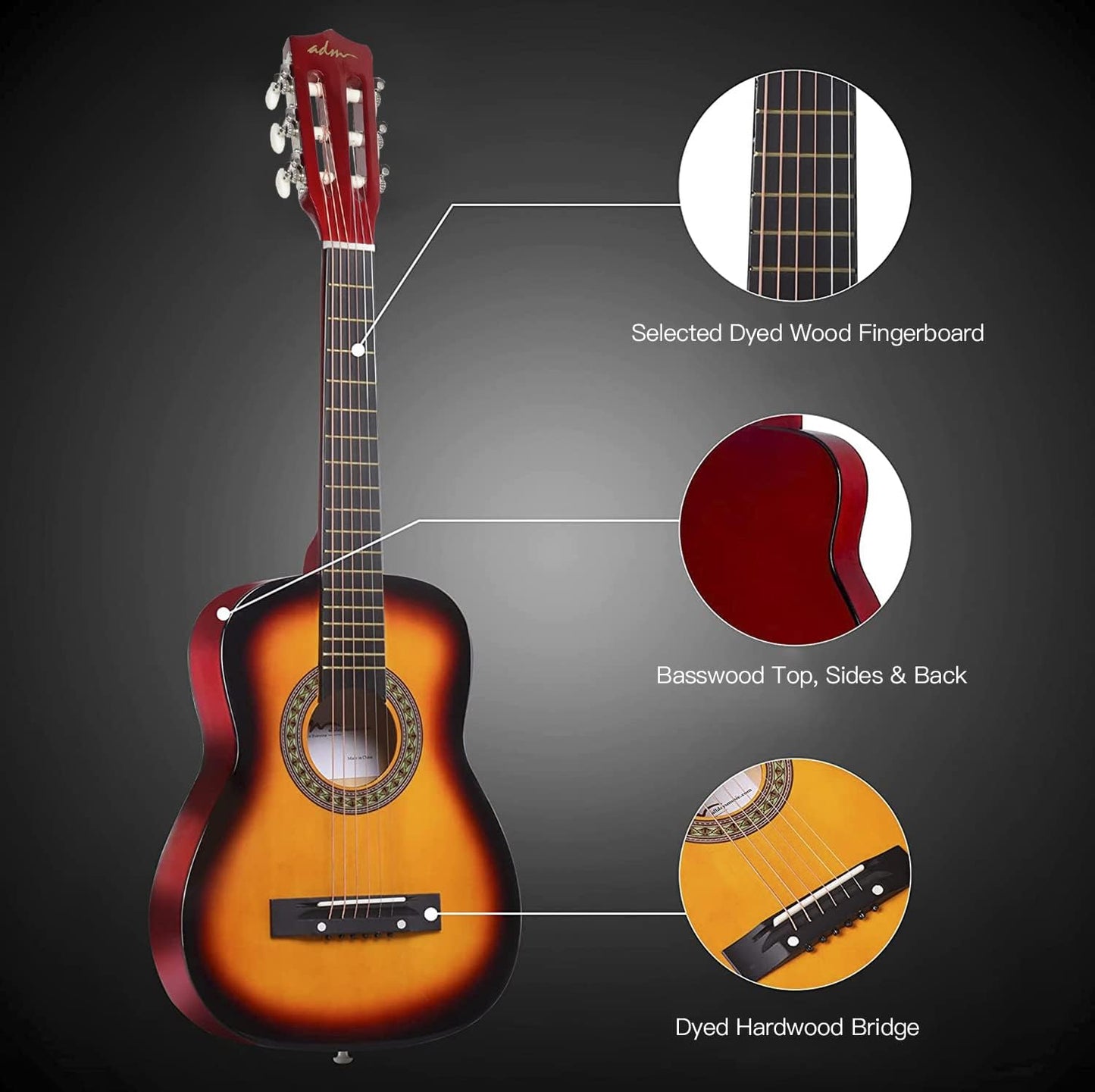ADM Beginner Acoustic Classical Guitar 30 Inch Nylon Strings Wooden Guitar Bundle Kit for Kid Boy Girl Student Youth Guitarra Online Lessons with Gig Bag, Strap, Tuner, Extra String,Pick,Sunbrust 1