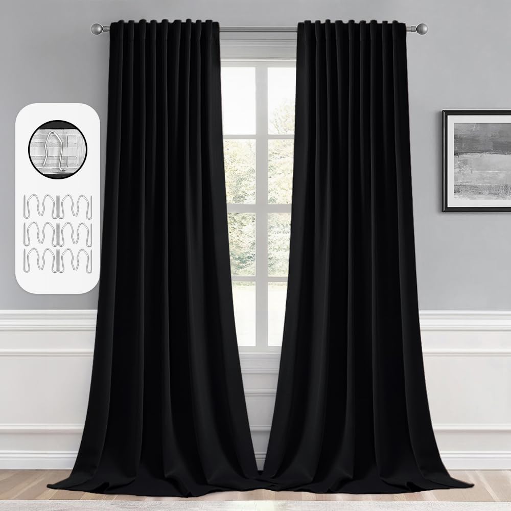 MIULEE Back Tab Blackout Curtains 108 Inch Long 2 Panels Set for Living Room Bedroom, Halloween Black Rod Pocket/Pinch Pleated Extra Long Thermal Insulated Room Darkening Light Blocking Curtain/Drapes
