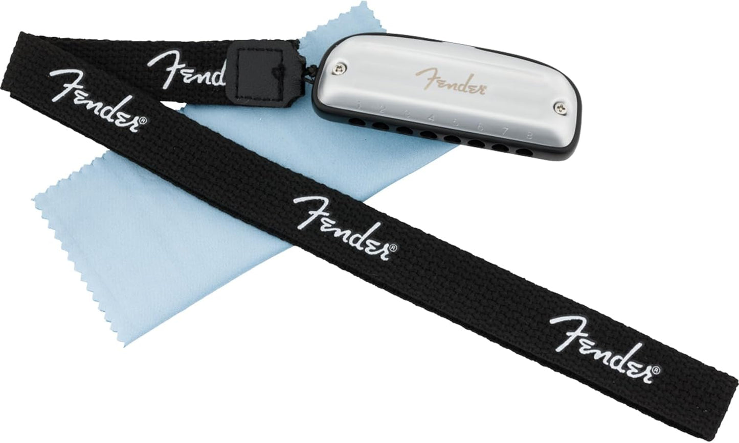 Fender Blues Junior Diatonic 8-Hole Harmonica - Key of A Bundle with Polishing Cloth and Austin Bazaar Instructional Manual