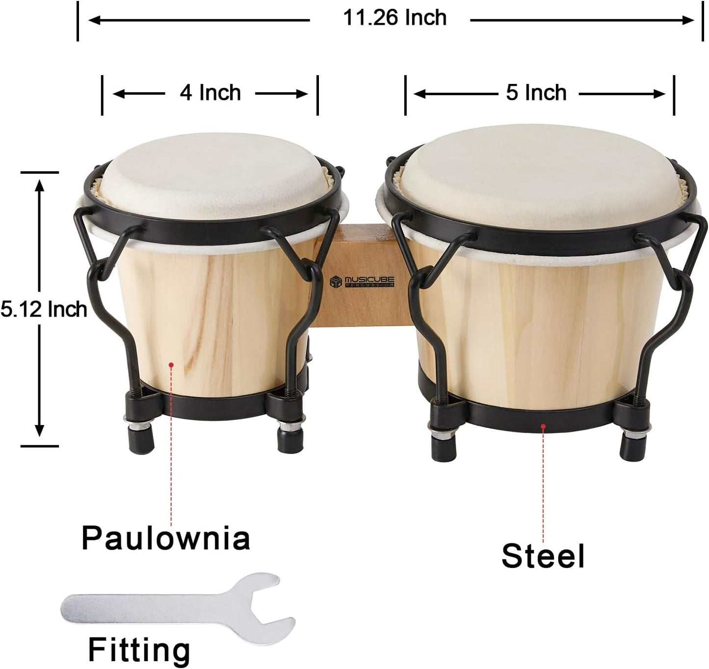 MUSICUBE Bongo Drum Set for Kids Adults 4” and 5” Tunable Hand-Crafted Wooden Bongos Percussion Instrument with Tuning Wrench Mini Bongo Drum Toys (Natural Skin)