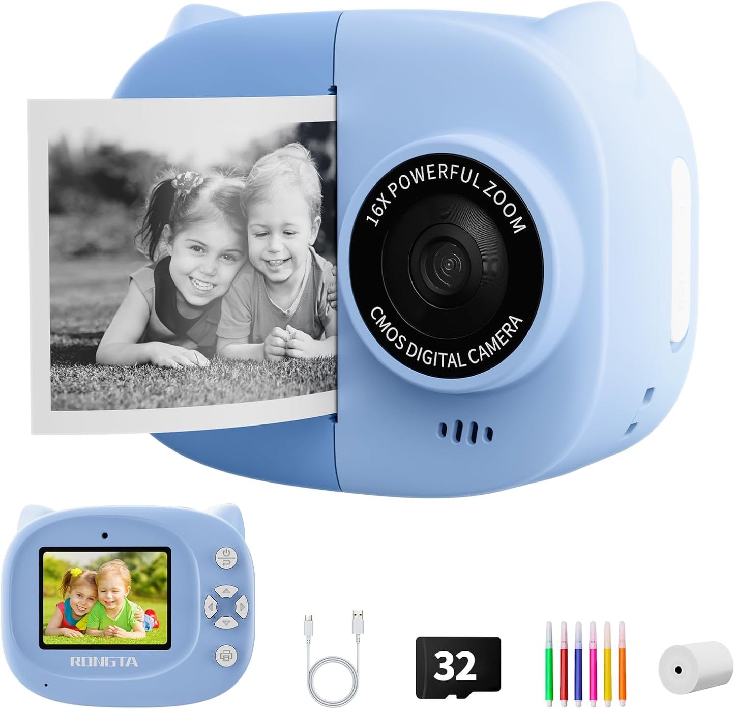 Rongta Kids Camera Instant Print, 1080P Kids Instant Cameras That Print Photos, Christmas Birthday Gifts for Boy Age 3-12, Video Camera Portable Toy for 3 4 5 6 7 8 9 10 Year Old Boy(Blue)