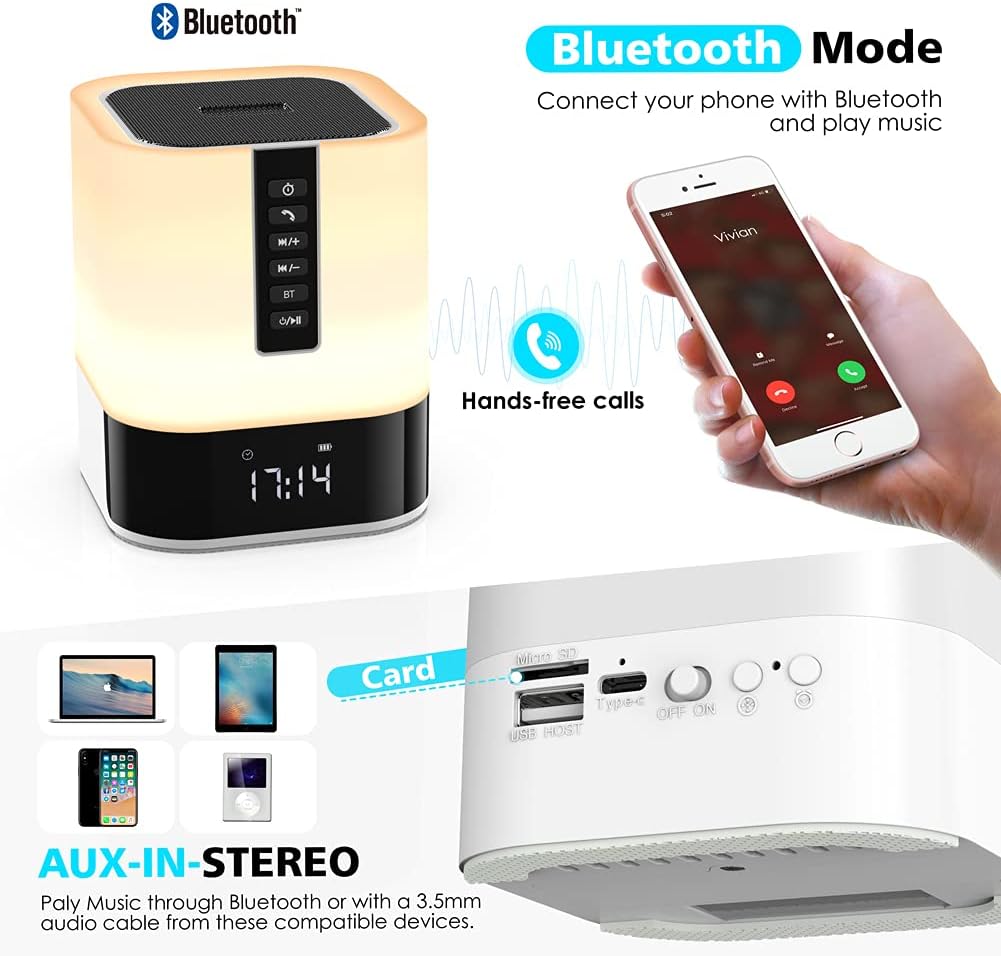 Night Light Bluetooth Speaker, 5 in 1 Touch Control Bedside Lamp Dimmable Multi-Color Changing, Bedroom Alarm Clock, Best Birthday Gift Ideas for 10 11 12 13 14 Year Old Teenage Girls/Boys