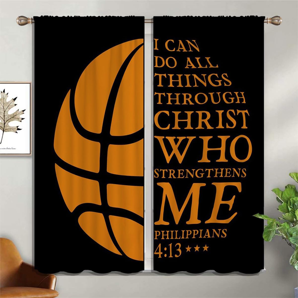 Basketball Blackout Curtains for Boy Girl Room Darkening Decor,Sport Theme and Motto Dark Background Bedroom Living Room Home Rod Pocket Thermal Insulated Window Curtain/Drapes Panel,84x72 Inch…