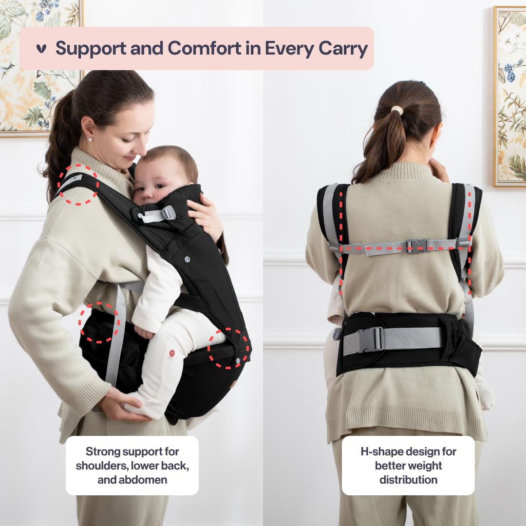 BabbleRoo Grow Carrier – Safety-Certified 6-in-1 Baby Carrier with Hip Seat, Ergonomic & Adjustable Toddler Carrier 7-50 lbs with Hip Support, Hood for Sun Protection, Newborn to Toddler, Black