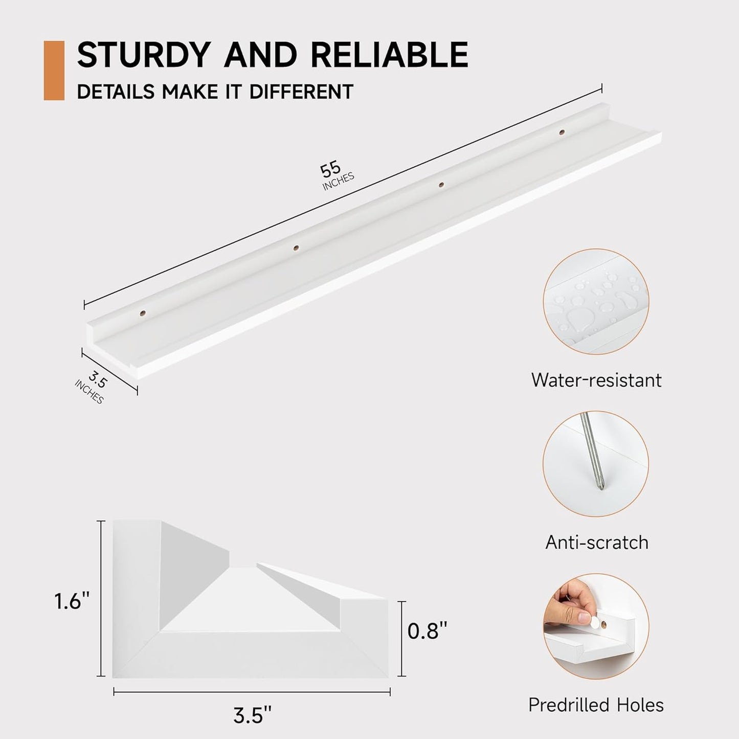 Floating Picture Ledge Shelves for Wall Set of 2, 55 Inches Picture Shelf with Ledge, Nursery Book Shelf for Toys Storage Kids Bookshelf Wall Mounted Living Room Bedroom Decor Frames, White