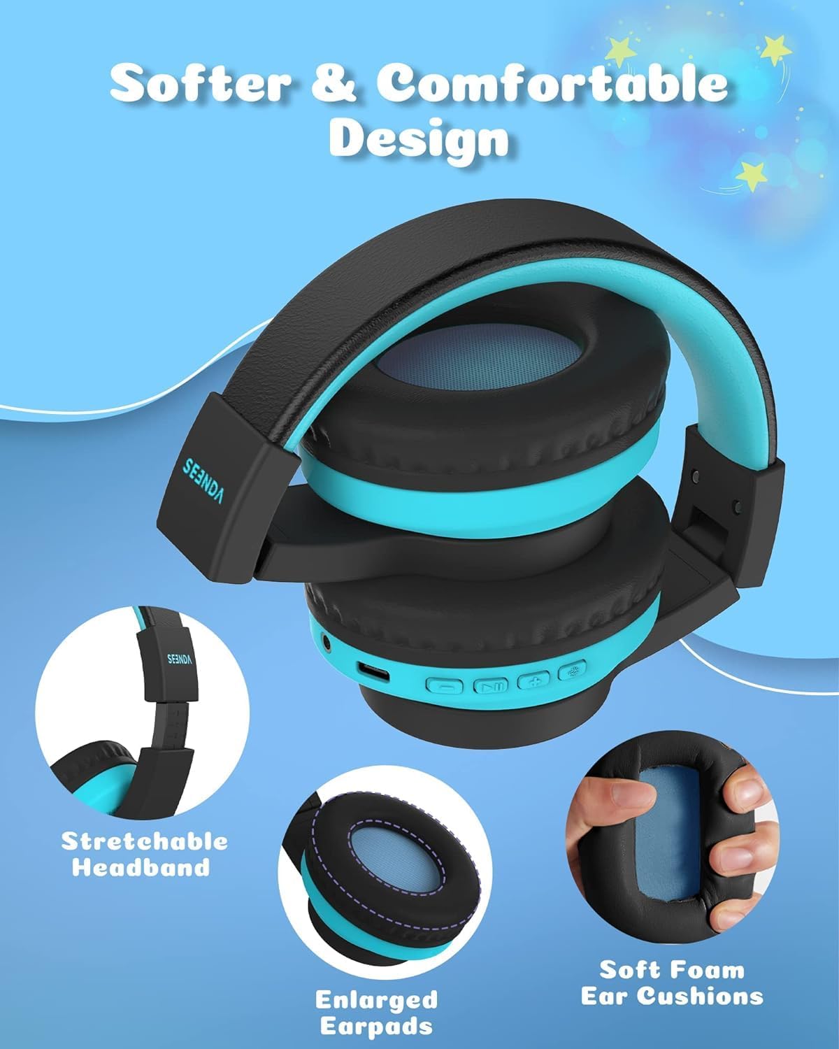 seenda Kids Bluetooth Headphones Boys, Kids Wireless Headphones with 85/94dB Volume Limited, 45H Playtime, 3 Lighting Modes, Built-in Mic, Over Ear Headset with Aux Cord for iPad/Tablet/Travel/School