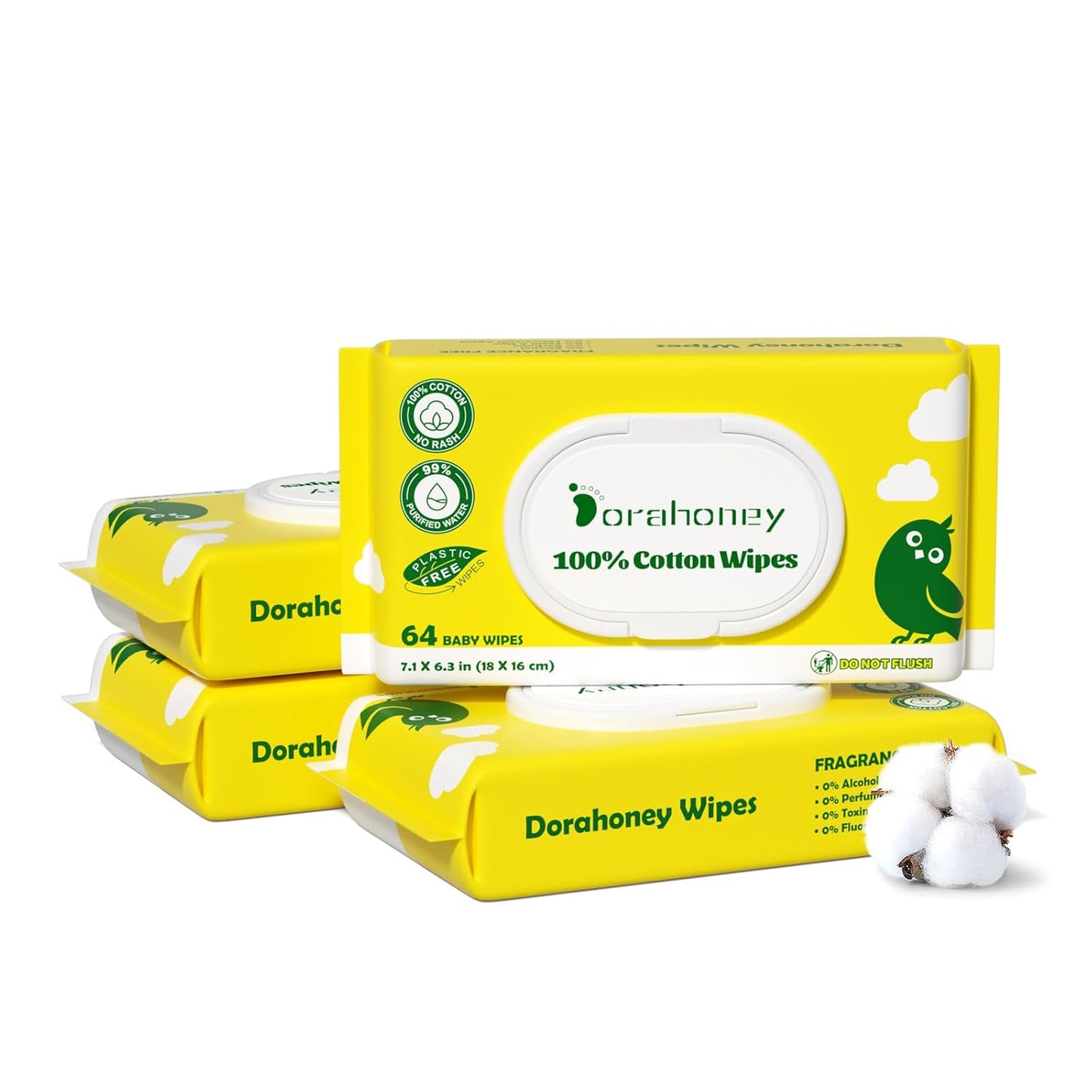 100% USA Cotton Baby Wipes, 99% Purified Water Unscented Wet Wipes for Sensitive Skin, Hypoallergenic & Plastic-Free, 256 Count (4 Flip-Top Packs of 64)