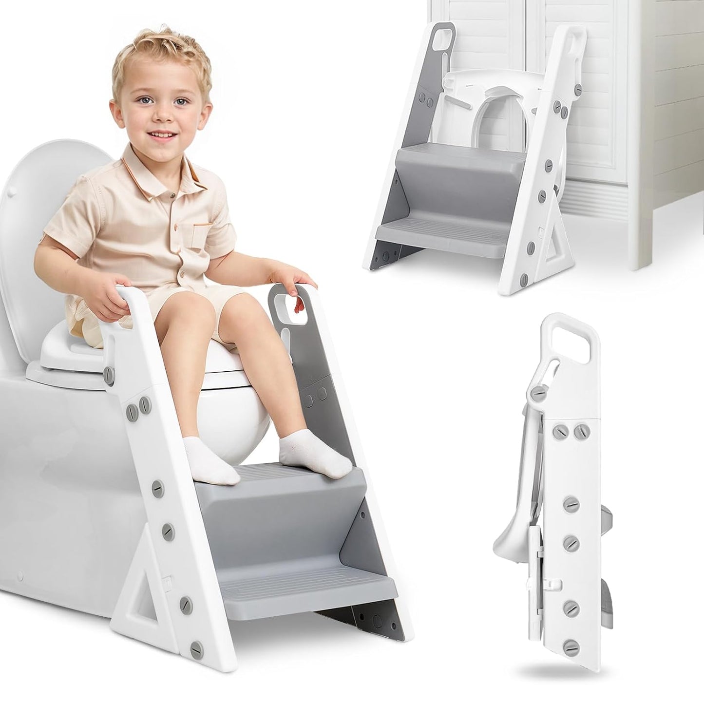 Easy Storage Potty Training Seat with Ladder, Adjustable Step and Toilet Seat Height, Easy-Grip Handles for Climbing, Foldable Portable Toddler Toilet Trainer, Perfect for Small Bathrooms
