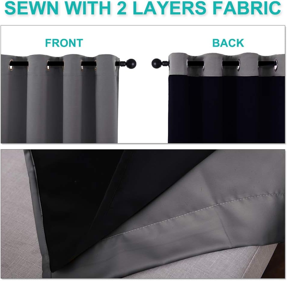NICETOWN 100% Blackout Short Curtains with Black Liners, Solid Thermal Insulated Full Blackout 2-Layer Lined Drapes, Energy Efficiency Window Draperies for Bedroom (2 Panels, 37" W by 63" L, Grey)