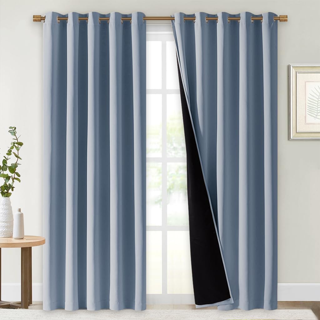 NICETOWN 100% Blackout Window Curtain Panels, Vintage Blue, 2 PCs, 62" Wide Each Panel, Cold and Full Light Blocking Drapes with Black Liner for Nursery, 84 inches Drop Thermal Insulated Draperies