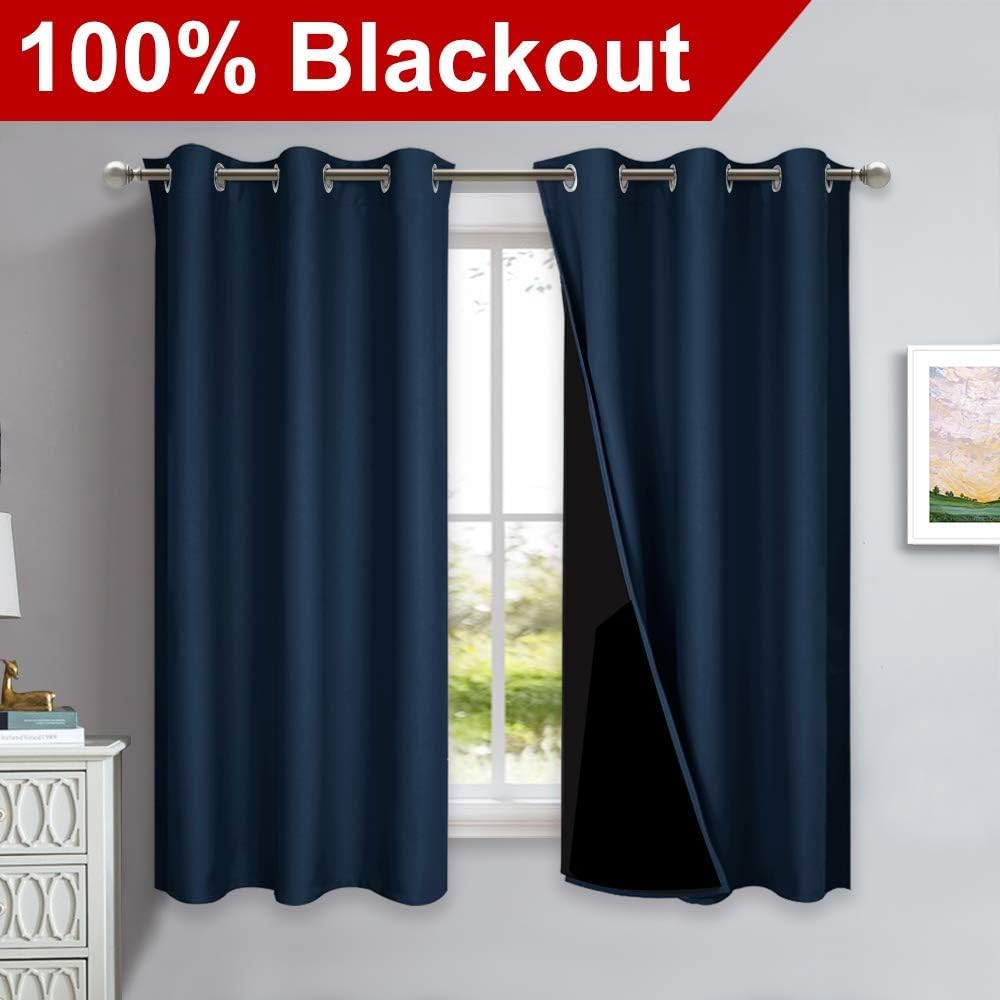 NICETOWN 100% Blackout Short Curtain Panels, Thermal Insulated Black Liner Curtains for Nursery Room, Noise Reducing and Cold Blocking Drapes for Windows (Set of 2, Navy Blue, 37" Wide by 63" Long)
