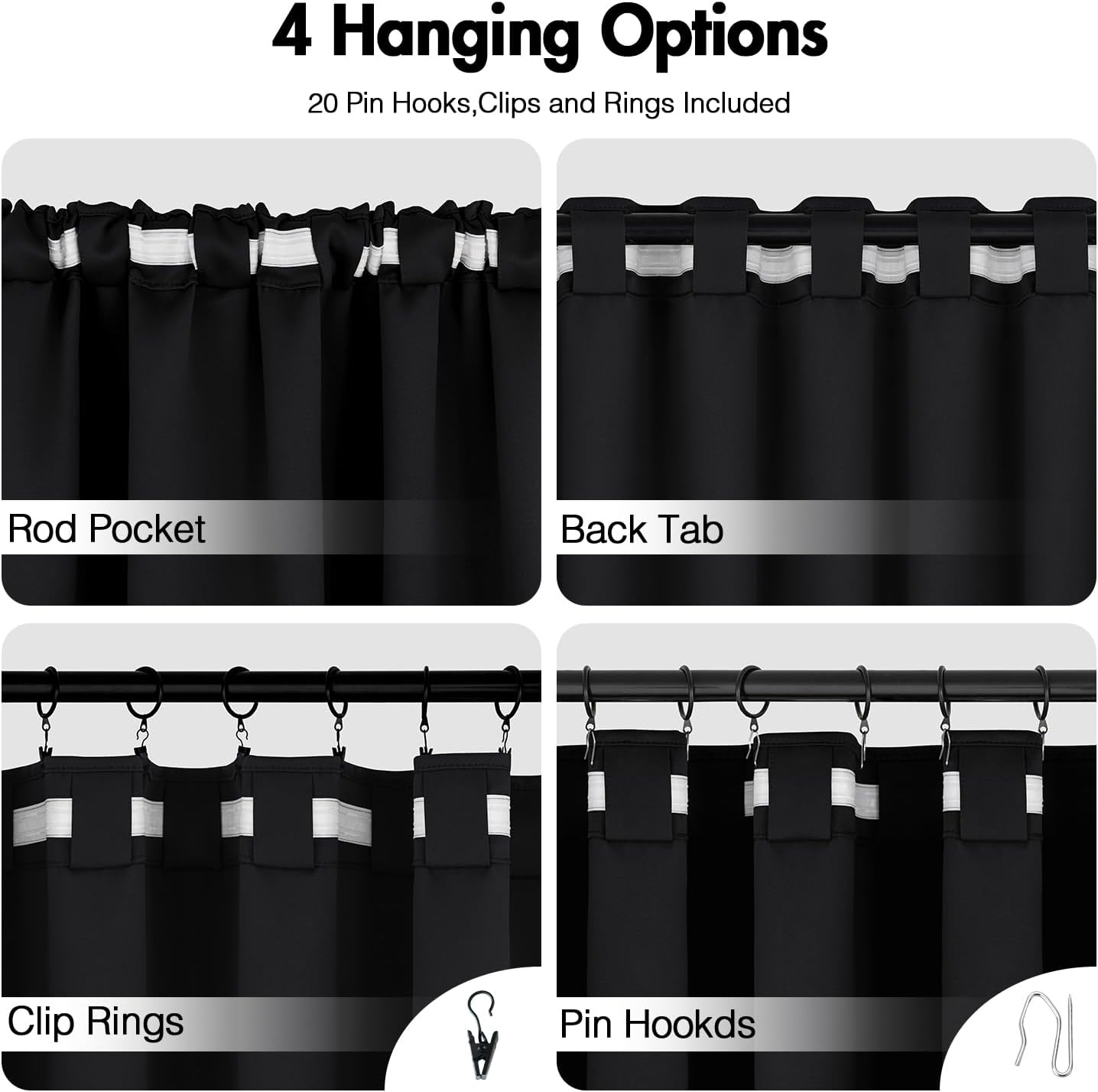 ANRODUO Back Tab Blackout Curtains for Bedroom Living Room, Rod Pocket Pinch Pleated Thermal Insulated Room Darkening Curtains 36 Inches Long 2 Panels, Black, 42 x 36 Inch